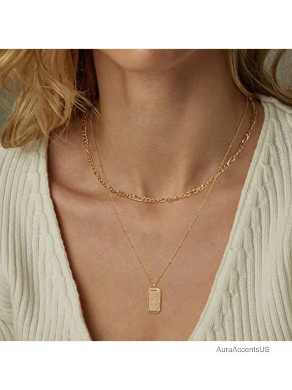 14K Gold Plated Initial Necklace Layered Figaro Chain Dainty Letter Pendant